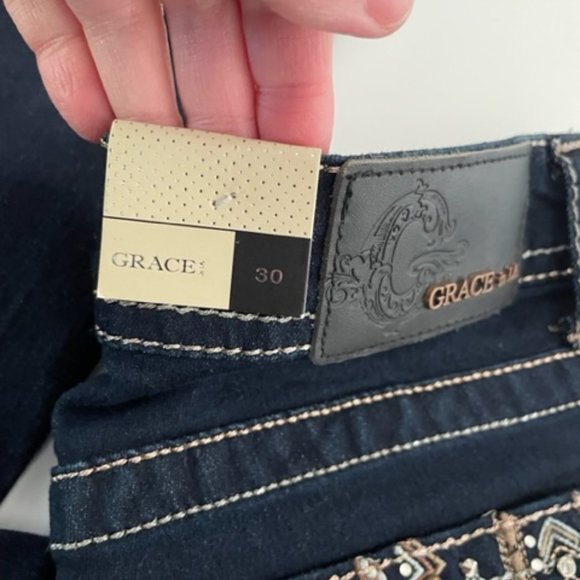 GRACE in LA | Dark Denim Detail Embellishment Bootcut Jeans ~ Size 30 ~ BNWT - Picture 11 of 12